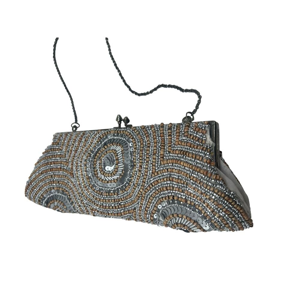 y2K White House Black Market Silver & Wood Beaded Party Clutch Purse Chain Strap - Picture 7 of 9